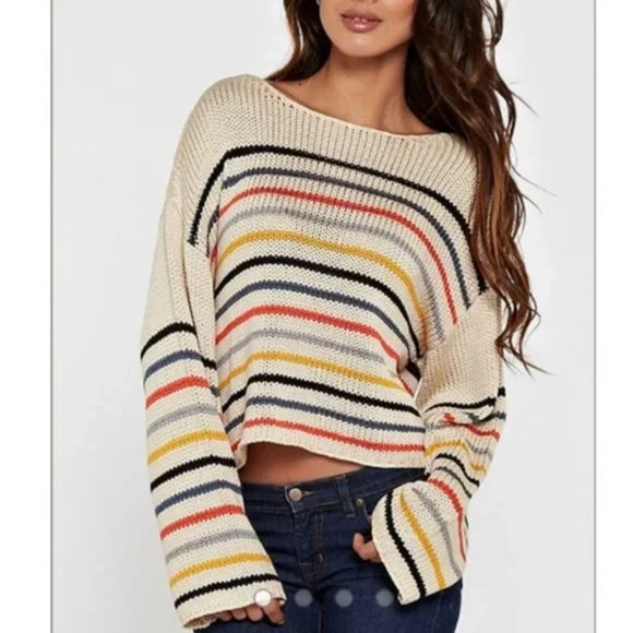 lovestitch Sweaters Lovestitch Beige Muted Rainbow Stripe Boxy